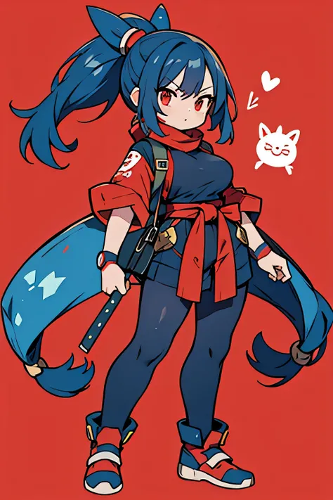 Human Gekkouga Pokemon;full body;Outfits inspired by Gekkouga Pokemon;Kunoichi;red muffler;blue clothes;red eyes;female;big breasts;blue hair;background white;No background