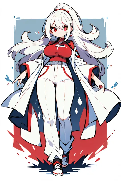 human aceburn pokemon; big breasts;full body;Aceburn Pokemon-inspired costumes;female;white clothes;white hair;red eyes;soccer;red pants