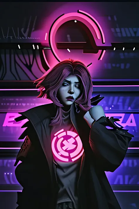 《Borderlands 3》Character Designer Lilith Siren, halo, tatuagen neon sign, black coat, Avant-garde posture, Cel shading style, Light purple, Borderlands scene, Moses Bar