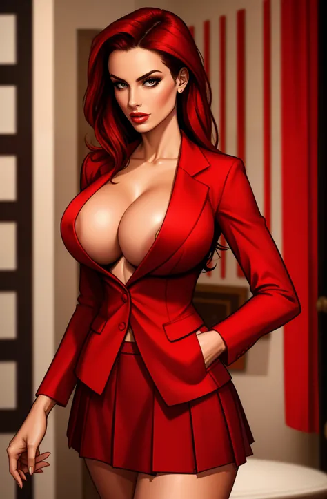 Brassiere, red skirt, red blazer, no shirt