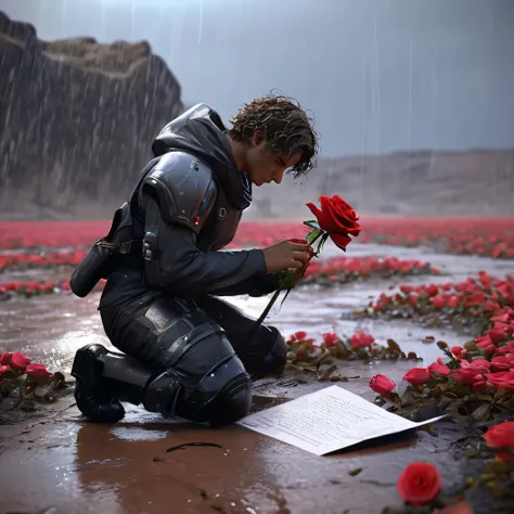 Male sci-fi character with light dark skin, semi curly medium hair,  kneels down in the rain，Fingers delicately holding a rose flower, and some love letters, Staring at it with a desperate expression，sci-fi and romantic background，A few flowers grew on the...