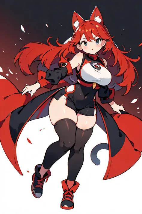 Human Gaogaen Pokemon; big breasts;full body;Costumes inspired by Gaogaen Pokemon;wrestling;female;black eye;Red hair;No background;background white;Cat ear;thick thighs;black tights