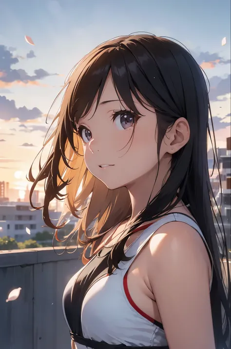 On the rooftop during golden hour、Background night city skyline, Beautiful Japanese woman photographed in sexy swimsuit, towards the camera. She wears a white swimsuit, Minimalist white swimsuit, Her long green hair is blowing gently in the breeze. A golde...