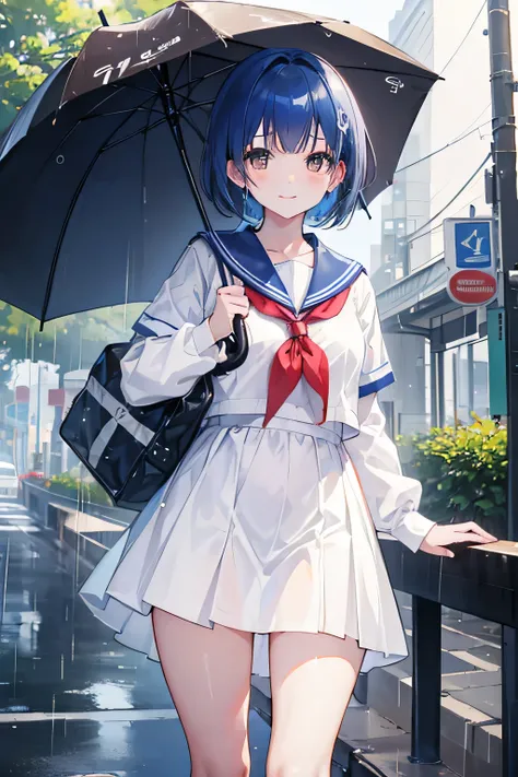 masterpiece, highest quality, High resolution, brown eyes、smile、high 、Commuting to school、rain、hold an umbrella、sailor suit、In town、Blissful expression、short hair,blue hair, white skin、thick legs、,embarrassing,