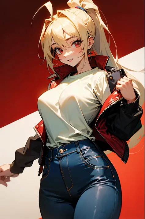 17 year old girl、blonde ponytail、Ahoge、big round red eyes、Beautiful woman、perfect style、white t-shirt、red leather rider jacket、blue jeans pants、very fun