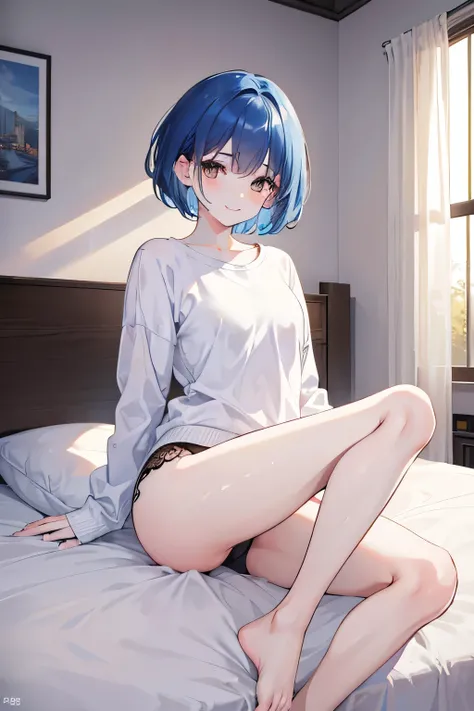 masterpiece, highest quality, High resolution, brown eyes、smile、In underwear、on the bed、Bedroom、Blissful expression、short hair,blue hair, white skin、thick legs、,embarrassing,