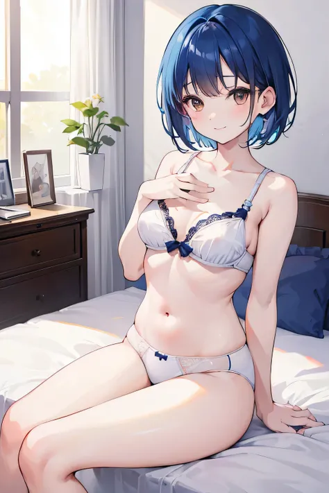 masterpiece, highest quality, High resolution, brown eyes、smile、In underwear、on the bed、Bedroom、Blissful expression、short hair,blue hair, white skin、thick legs、,embarrassing,