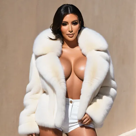 A very wide and very thick, very short white fox fur coat, fifty centimeters thick, duveteux, naturel, with an ultra thick white and sand mink fur collar, three layers, sur Kim Kardashian, fully nude front view, bare shoulders, and two large breast discove...