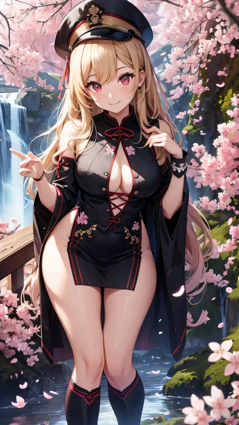 最high quality、best image quality、masterpiece、girl((18-year-old、 By becoming、vest bust、medium bust,wide open breast tea、red glowing eyes, blonde、messy hair、long hair、thin,highest valley、Show the whole body、black cheongsam、open chest、black wristband、red high...