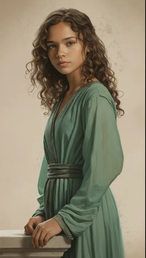 An illustrated movie poster, hand-drawn, full color, a young girl, wearing a chiton, resembles Mathilde Lando, warm brown complexion, jade green eyes, ashy hair, long loose curls, waist-length hair, posing on a pedestal, hard shadows, graphite shading, ste...