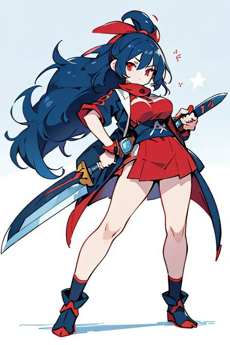 Human Gekkouga Pokemon;full body;Outfits inspired by Gekkouga Pokemon;Kunoichi;red muffler;blue clothes;red eyes;female;big breasts;blue hair;background white;No background;knife;thighs