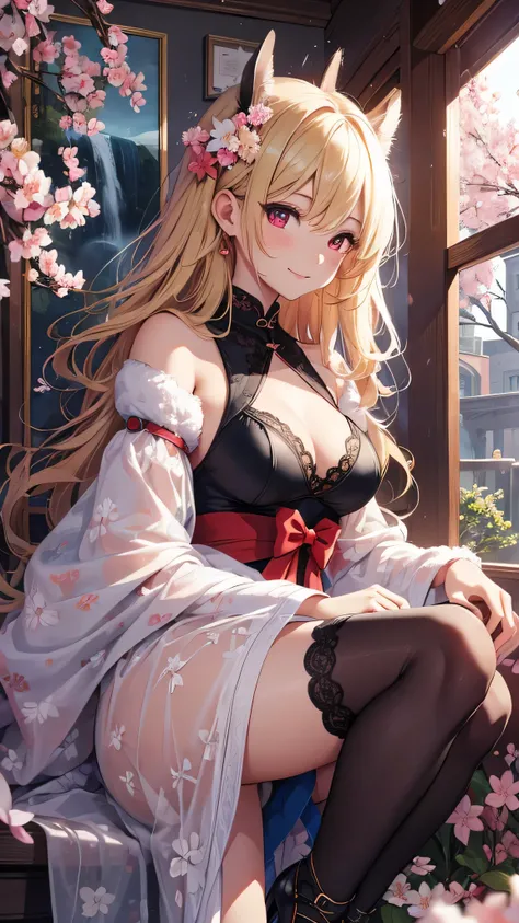 最high quality、best image quality、masterpiece、girl((18-year-old、 By becoming、vest bust、medium bust,wide open breast tea、red glowing eyes, blonde、messy hair、long hair、thin,highest valley、Show the whole body、black cheongsam、open chest、black wristband、red high...