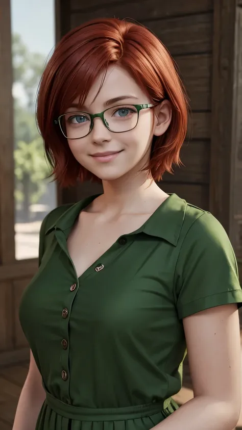 short, Red hair, green eyes, metal frame glasses, smile cute 15 years old in a green shirt-dress with buttons, bare chest. photorealism. unreal engine. 3D model. Ultra high quality textures. 8k resolution