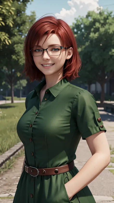 short, Red hair, green eyes, metal frame glasses, smile cute 15 years old in a green shirt-dress with buttons. photorealism. unreal engine. 3D model. Ultra high quality textures. 8k resolution