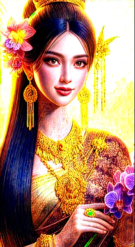 a woman with long hair and a crown holding a flower, ancient chinese princess, a beautiful fantasy empress, chinese princess, beautiful goddess, ((a beautiful fantasy empress)), ancient chinese beauties, portrait of a beautiful goddess, ancient chinese god...