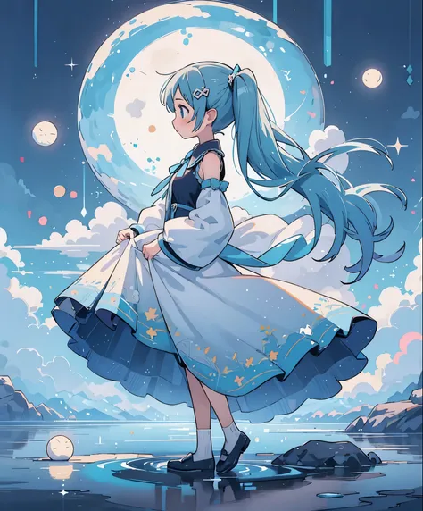 (masterpiece、highest quality、highest quality、official art、beautiful beautiful:1.2)、(1 girl:1.3)Hatsune Miku、twin tails,big breasts,1 girl, dress, moon, alone, Are standing, bubble, profile, silhouette, water, reflection, long hair, very long hair, hair orn...