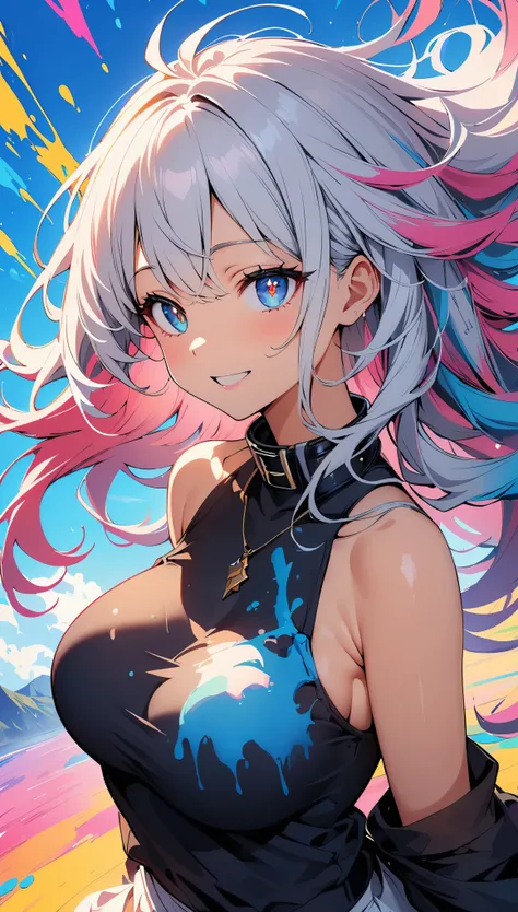 (high quality, 8k, 4k, high contrast, masterpiece:1.2, best quality, best aesthetics), (dynamic angle), ((floating, paint)), alone,1 female, ((big_chest)), (((detailed face))), ((beautiful and detailed face)), collar, bare shoulders, silver hair, ((colorfu...