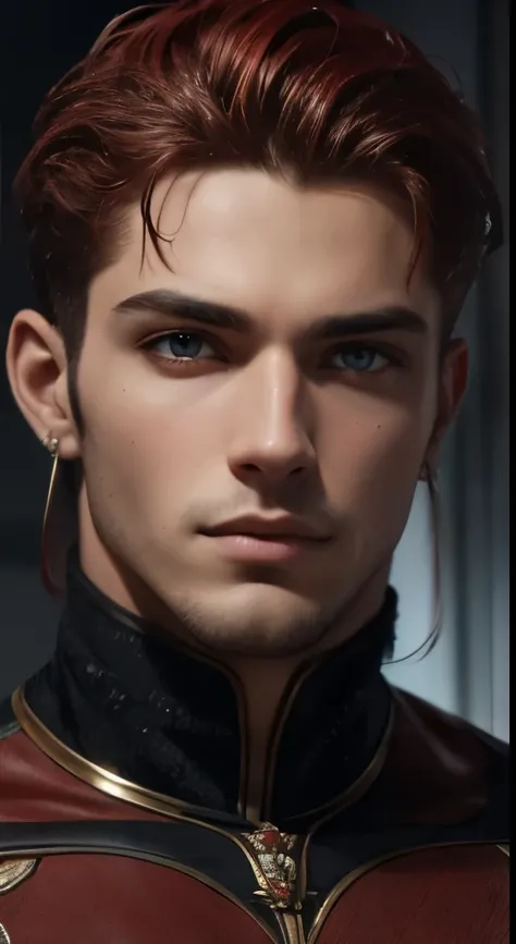 A stunning high-resolution portrait of a handsome man with piercing red eyes, seu rosto habilmente renderizado com detalhes intrincados e um toque profissional.