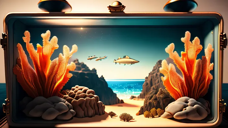 best quality, super fine, RAW photorealistic, 16k, incredibly absurdres, extremely detailed, Mariana Trench, view outside the submarine window, submarine searchlight, deep sea, deep sea fish, coral, coral reef, fantastic and mysterious, panorama wide view