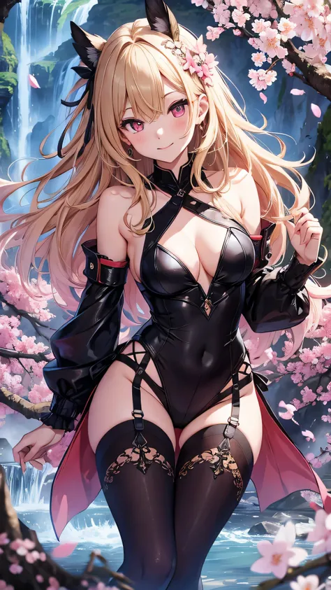 最high quality、best image quality、masterpiece、girl((18-year-old、 By becoming、vest bust、medium bust,wide open breast tea、red glowing eyes, blonde、messy hair、long hair、thin,highest valley、Show the whole body、black cheongsam、open chest、black wristband、red high...