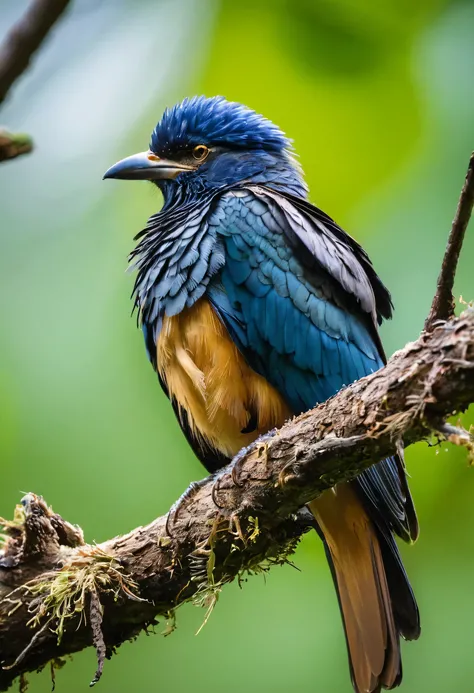 A bird with two parasitic tumors resting on a branch