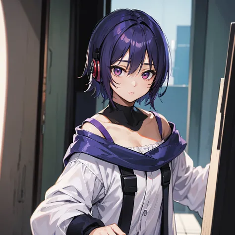 short hair、Girl with purple hair, Blue and red odd eyes,Highest image quality,Wear headphones