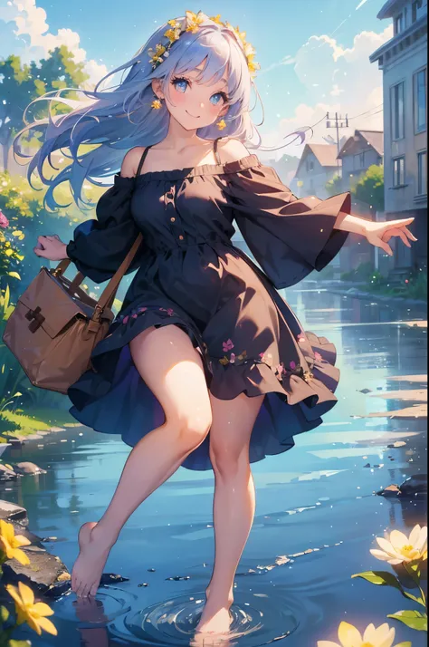 (best quality,high quality,cute girl,big sparkling eyes,long eyelashes,rosy cheeks,off-shoulder,miniskirt dress,dress adorned with flowers,barefoot,earrings,carrying a bag,blue sky,visible panties,cute breasts,smiling,anatomically correct)
