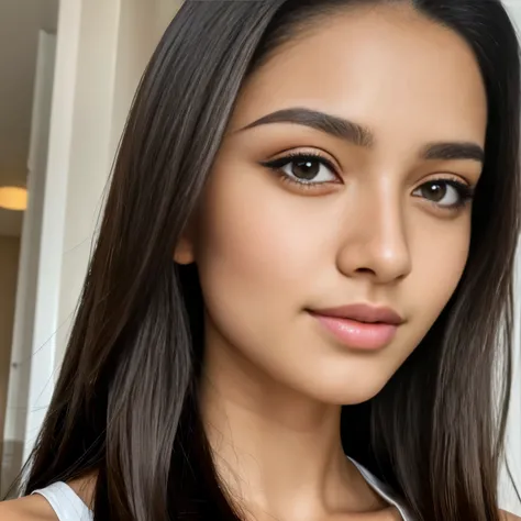 a realistic image of this influencer black long hair brown eyes strong face strict jawline fit 22-year girl face closeup bangladeshi seductive eyes double eyelid detailed eyes lusty smile add 4 freckles to her face