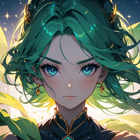 （（（Close-up of a woman&#39;s face1.5））），Green short hair，short hair，This green-haired woman has a short and cool green hairstyle，Looks full of personality and charm。Her short hair is neatly trimmed，Start from the top of the forehead，Extends back to the nec...