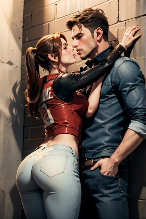 (masterpiece, best quality), 1girl and 1 man, claireredfield2, wear jeans, kiss the man , girl back, the man is pressing girl against the wall