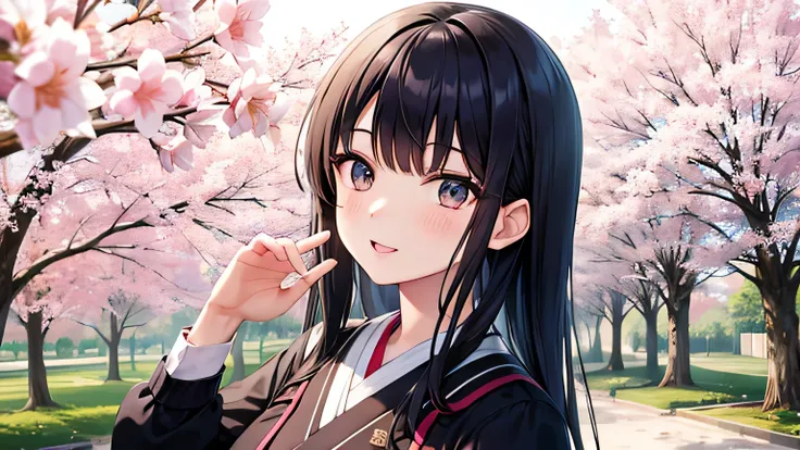 japanese woman、wearing a uniform、Dark-haired woman wearing headphones、A park with cherry blossoms in full bloom、taking a walk