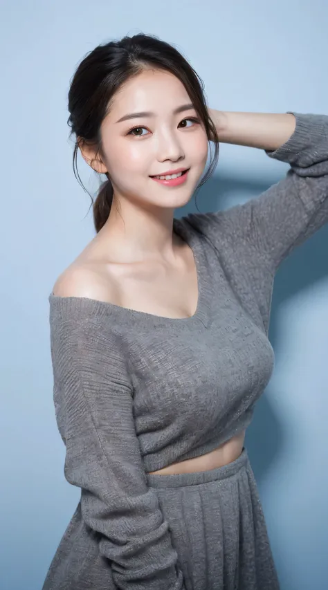 ((best image quality, 8K, master piece:1.3)), 1 girl big breasts, Beautiful woman with slender abs:1.3, (casual hairstyle, :1.2), sexy dress，Extra-fine face, detailed eyes, double eyelid，With a smile。Let&#39;s take a photo with a cute pose，numbers are very...