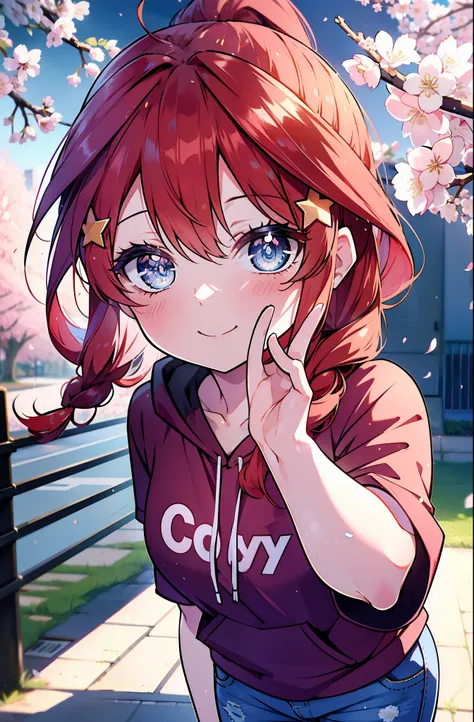 itsukinakano, itsuki nakano, bangs, blue eyes, hair between eyes, Ahoge, redhead, star (symbol), hair ornaments, star hair ornaments,short braided hair,Ponytail happy smile, smile, open your mouth,happy smile, smile, open your mouth,Red short sleeve hoodie...