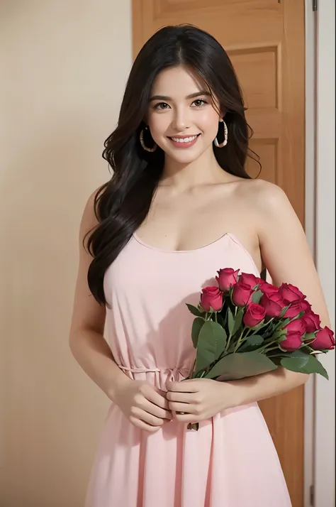 see viewer,cute,smile,front view,Superior Quality, Masterpiece, Ultra High Resolution, (Photorealistic: 1.4),Portrait of a young woman gardener wearing pink dresses inside studio room with lots of flowers, she is holding a bundle of roses to celetrate vale...