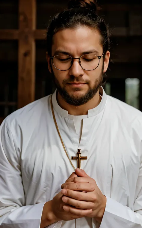 a priest saying a prayer facing the camera with his eyes closed with his hair tied in a bun and a short sawn beard and glasses
