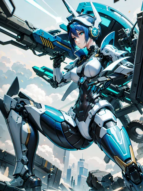 ((look away:1.3))、Close-up of a woman in a blue suit holding a gun on one knee, inspired Written by Shirou Masamune, Shirow Masamune&#39;s style, Written by Shirou Masamune, cyber japan armor, Girl wearing mechanical cyber armor, mechanized soldier girl, A...