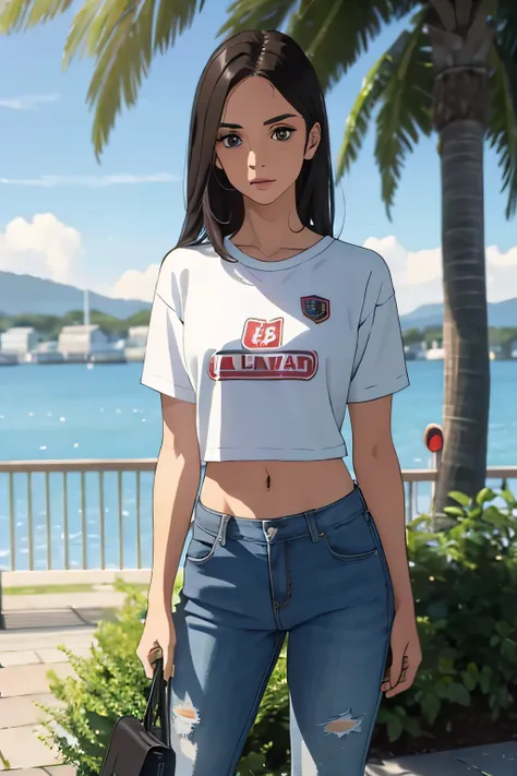 la mejor calidad, cuerpo completo como，cara refinada，20 year old university student，Cuerpo delgado，smaller bust，Camiseta crop top blanca，Pantalones cortos ultra denim sin cintura，escena callejera，Stand tall 