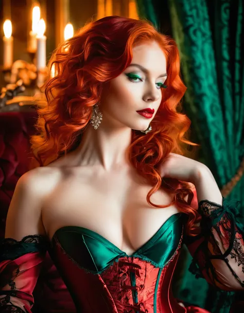 In a sumptuous Victorian chamber, bathed in the glow of flickering candlelight, a vision of sensuality unfolds. The enchanting woman, with fiery red locks cascading like molten silk, ensnares the gaze with her emerald eyes ablaze with desire. Clad in a mes...