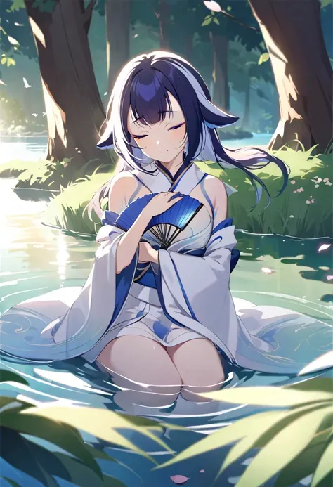 ((shylily)), Top quality, Ink painting style, Fresh and elegant, Clear lake water，In the setting sun，Cherry blossom petals fall quietly, Girl in pure white kimono, holding folding fan，A gentle breeze ruffles the hair, In the woods dotted with green leaves,...