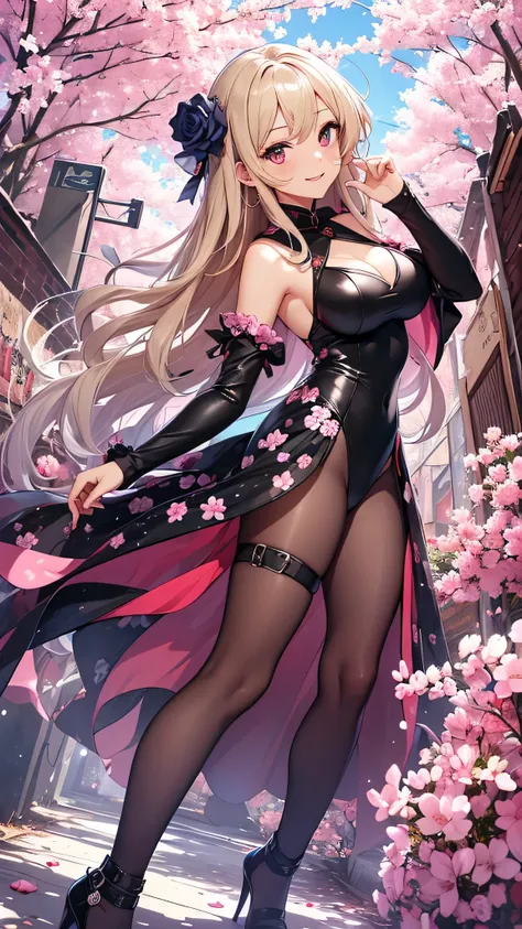 最high quality、best image quality、masterpiece、girl((18-year-old、 By becoming、vest bust、medium bust,wide open breast tea、red glowing eyes, blonde、messy hair、long hair、thin,highest valley、Show the whole body、black cheongsam、open chest、black wristband、red high...