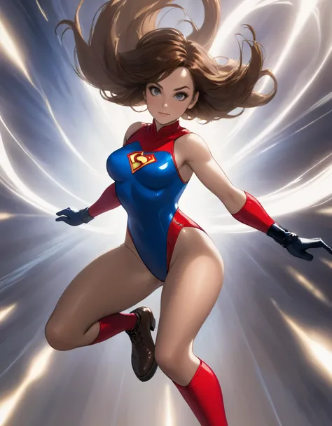 1girl, solo, solo focus, a female superhero spins in place like a tornado, medium breasts, leotard, red and blue leotard, bare legs, boots, matching boots, gloves, matching gloves, brown hair, full body, time travel