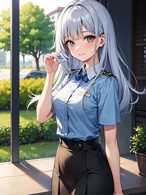 High quality girl with short light greyish blue hair with bangs in uniform smiling holding perfect scores exam