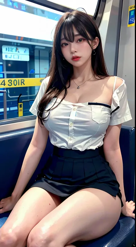 "(masterpiece, high quality, Ultra high quality, 4K) black hair, 18-year-old Japanese girl, Uniform skirt, thigh highlighting, white thighs, soft thighs, shiny thighs, sitting on a train, face-to-face angle, (angle from below),Sitting in a train seat,sit i...