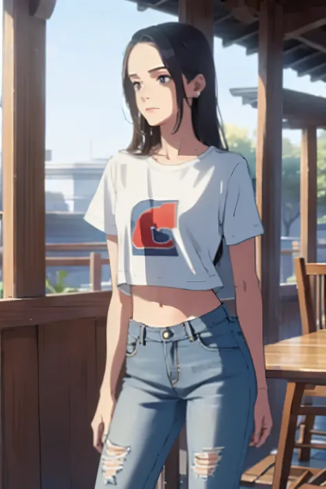 la mejor calidad, cuerpo completo como，cara refinada，20 year old university student，Cuerpo delgado，smaller bust，Camiseta crop top blanca，Pantalones cortos ultra denim sin cintura，escena callejera，Stand tall 