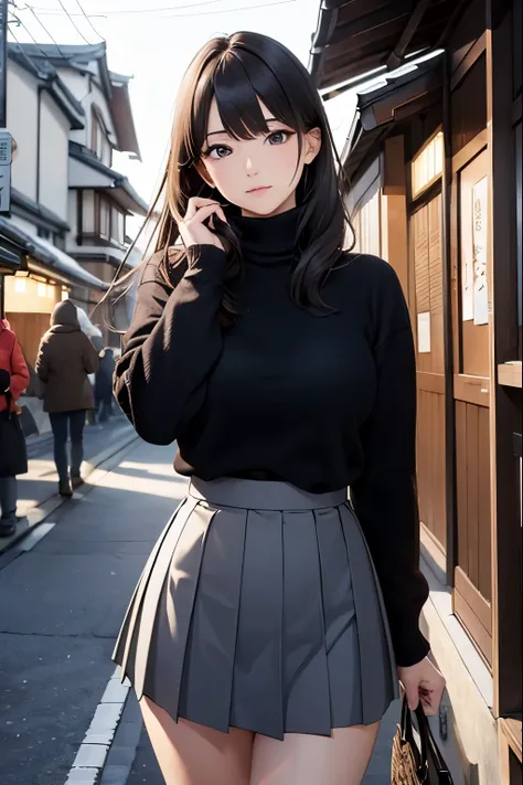 (((masterpiece))),(((High resolution)))、(((8K)))、(((perfect face)))、(((beauty of japan)))、30 years old、(((beautiful face))), (((turtleneck))), (((skirt))), embarrassed look, look at the camera, top quality eyes, detailed texture, look at the camera, big ti...