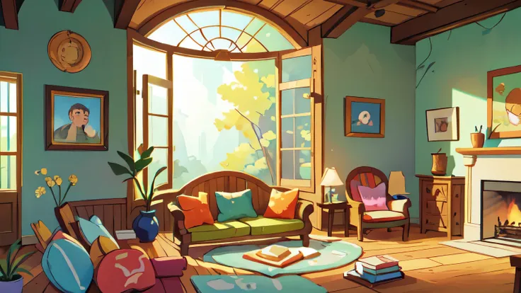 ((bright cartoon background)) of a living room inside, from the inside, brightly lit, sun rays shining through the windows, fore...