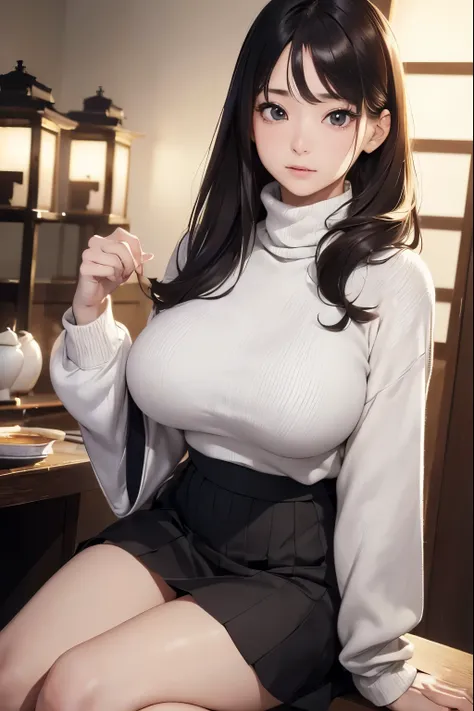 (((masterpiece))),(((High resolution)))、(((8K)))、(((perfect face)))、(((beauty of japan)))、30 years old、(((beautiful face))), (((turtleneck))), (((skirt))), embarrassed look, look at the camera, top quality eyes, detailed texture, look at the camera, big ti...