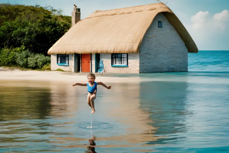 A thatched house，seaside，A child jumps into the water，Transparent seawater，A child swimming in the sea，Shooting with wide aperture，Distance 4 meters