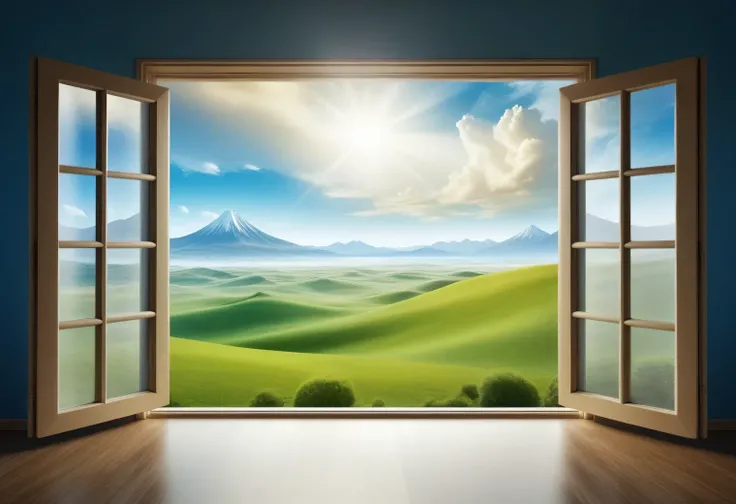 an open window in the room, a fantastic surreal landscape outside the window