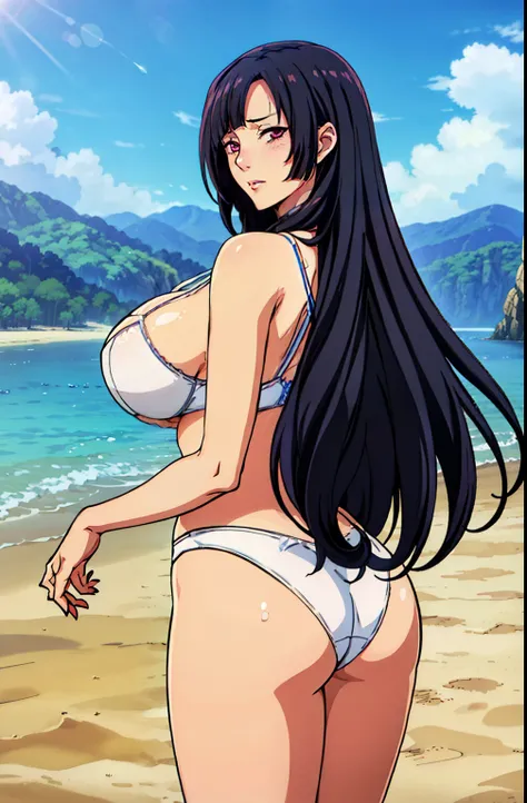 (standing), hands in her back, white lingerie, (beach background), (gloomy weather), Litchi Faye-Ling, mature woman, anime cels style, best quality, high resolution, 1girl, (huge breasts:1.2), beautiful face, Beautiful Finger, Beautiful long legs, Beautifu...